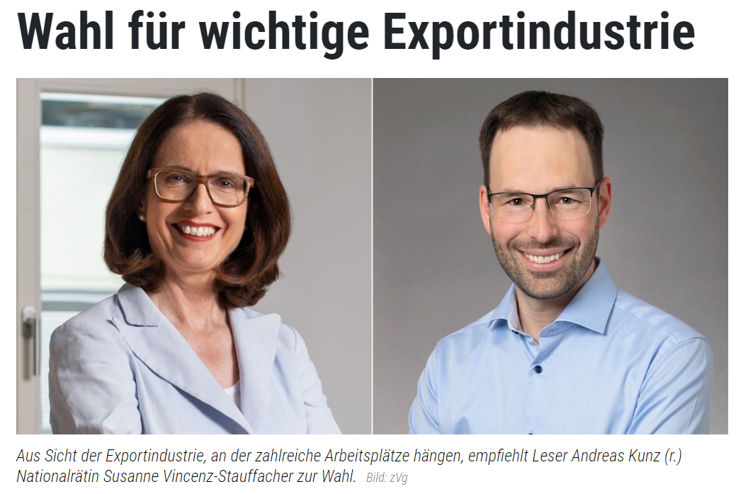 Andreas Kunz empfiehlt Susanne Vincenz-Stauffacher zur Wiederwahl in den Nationalrat